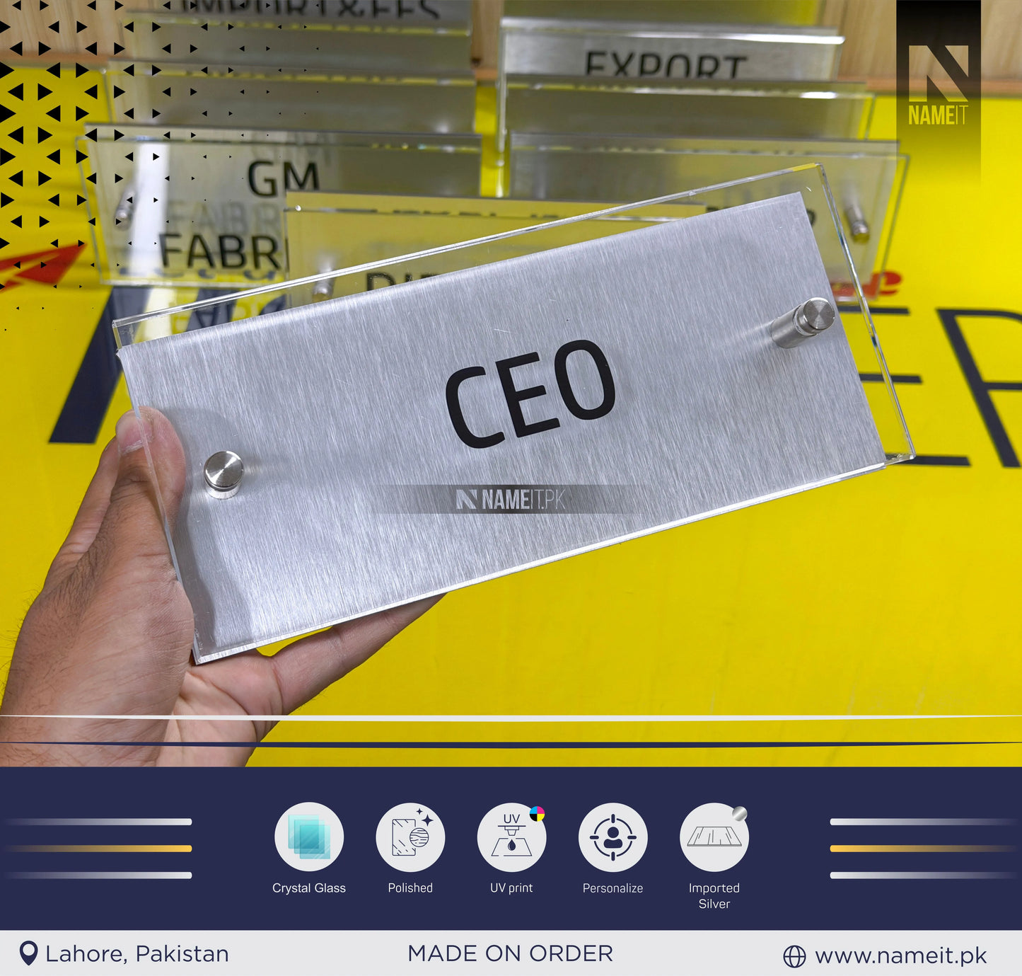 Name Plate, Office Signage, Office Name Plate, House Name plaque, Crystal Glass & Alucobond Sheet, indoor & outdoor, Office & House Name Plate