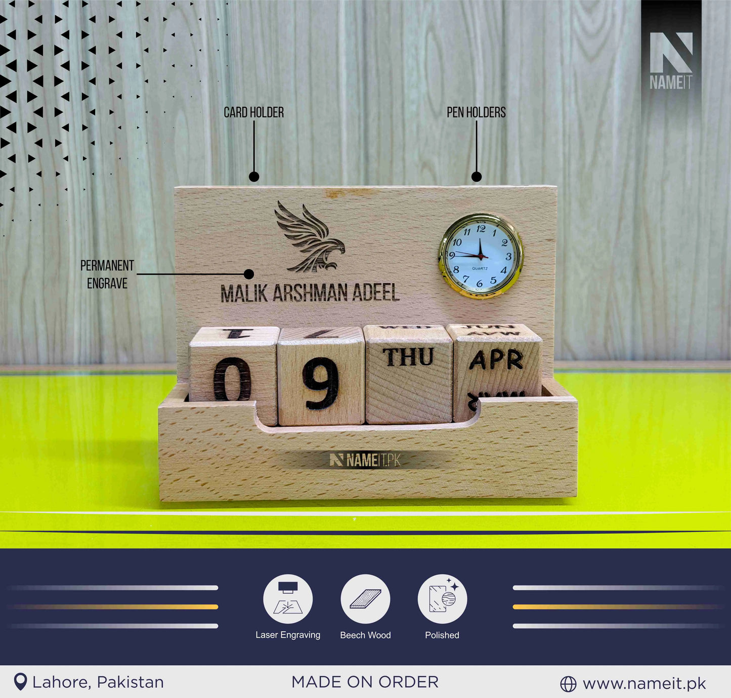 Wooden Pen stand with clock & Calendar | Desk organizer with Month, Date Calendar | Pen stand with clock for office, work, Home Decor, 2 compartment wooden pen stand