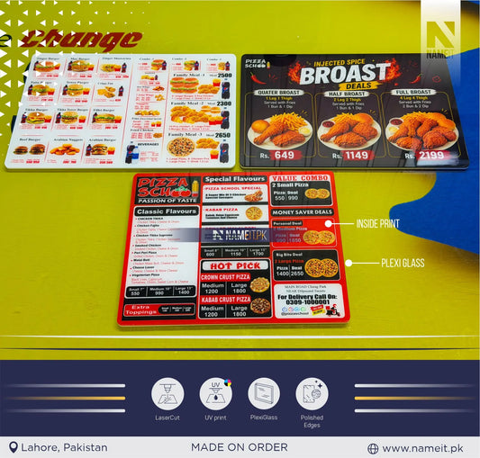 Resturant Menu, Ultra-Clear Acrylic Pizza & Fast Food Table Menu Board – High-Gloss Waterproof Plexiglass Display with HD Inside-Print Technology