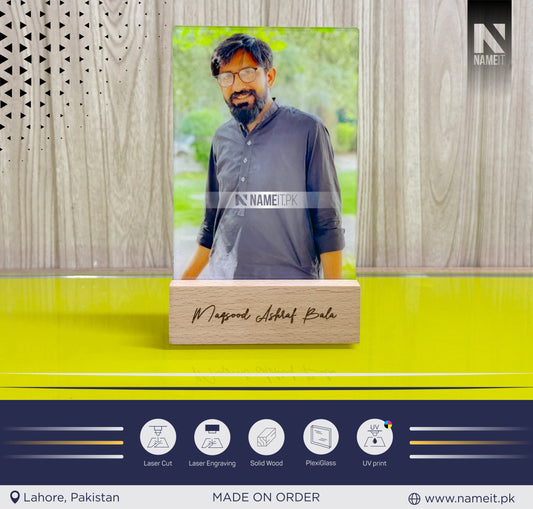 Table Photo Frame, Natural Wooden Base, Custom made table top photograph holder display plaque. Engrave with your own messag