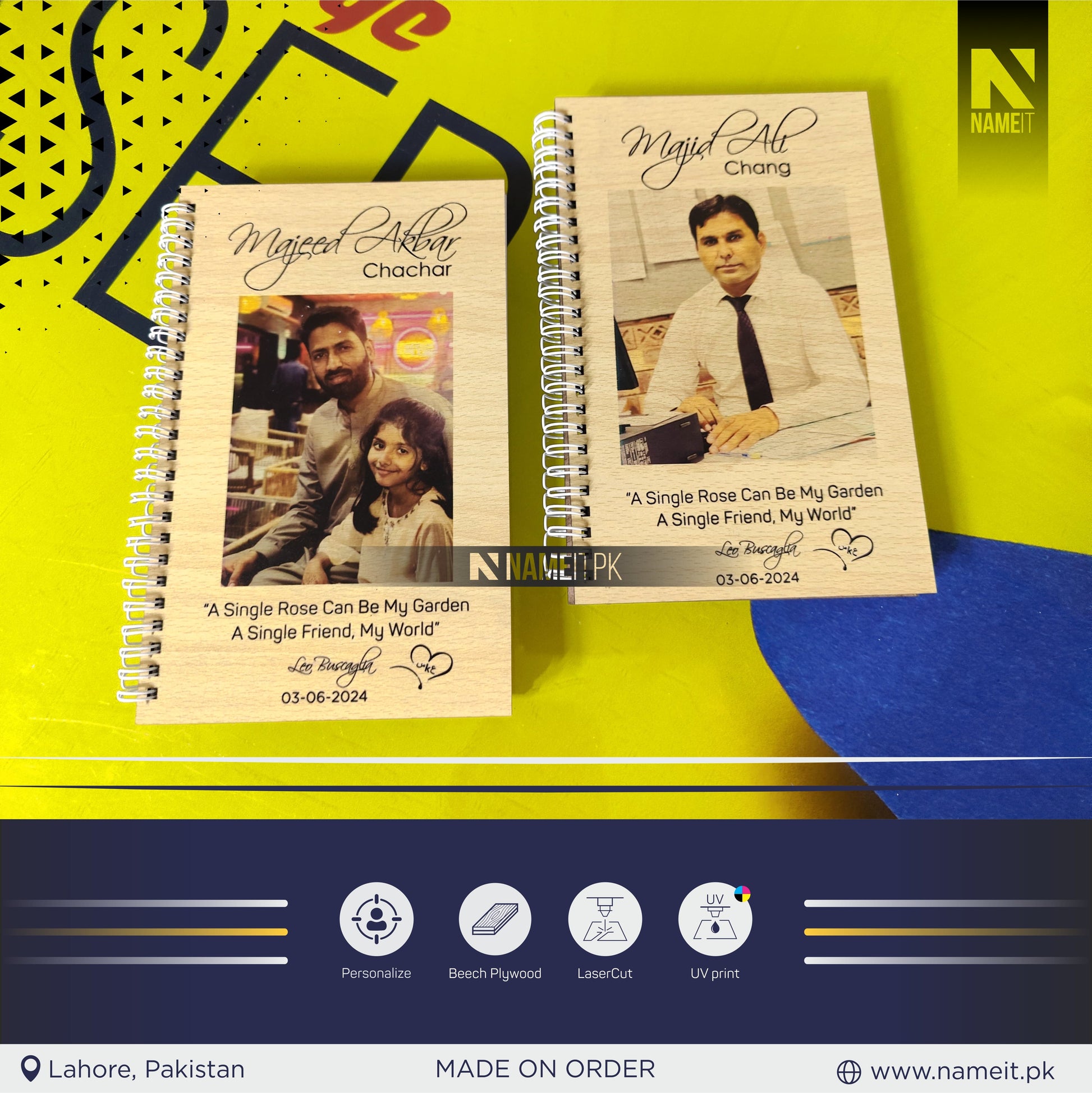Diary, Wooden Diary, Engraved Wooden Diary with UV Printed Picture, High Premium Quality NAMEIT PAKISTAN