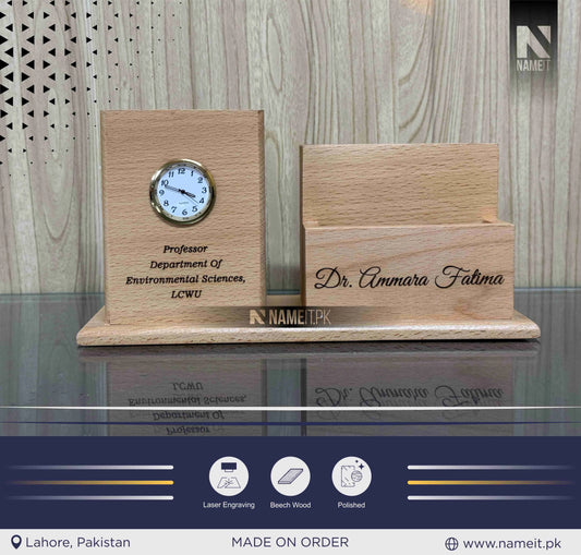 Personalized Desk Organizer With Your Name & Comapny Logo, Wooden Pen Holder Gift for School, Office, Doctor, Nurse Docking Station with Clock Desk Tidy