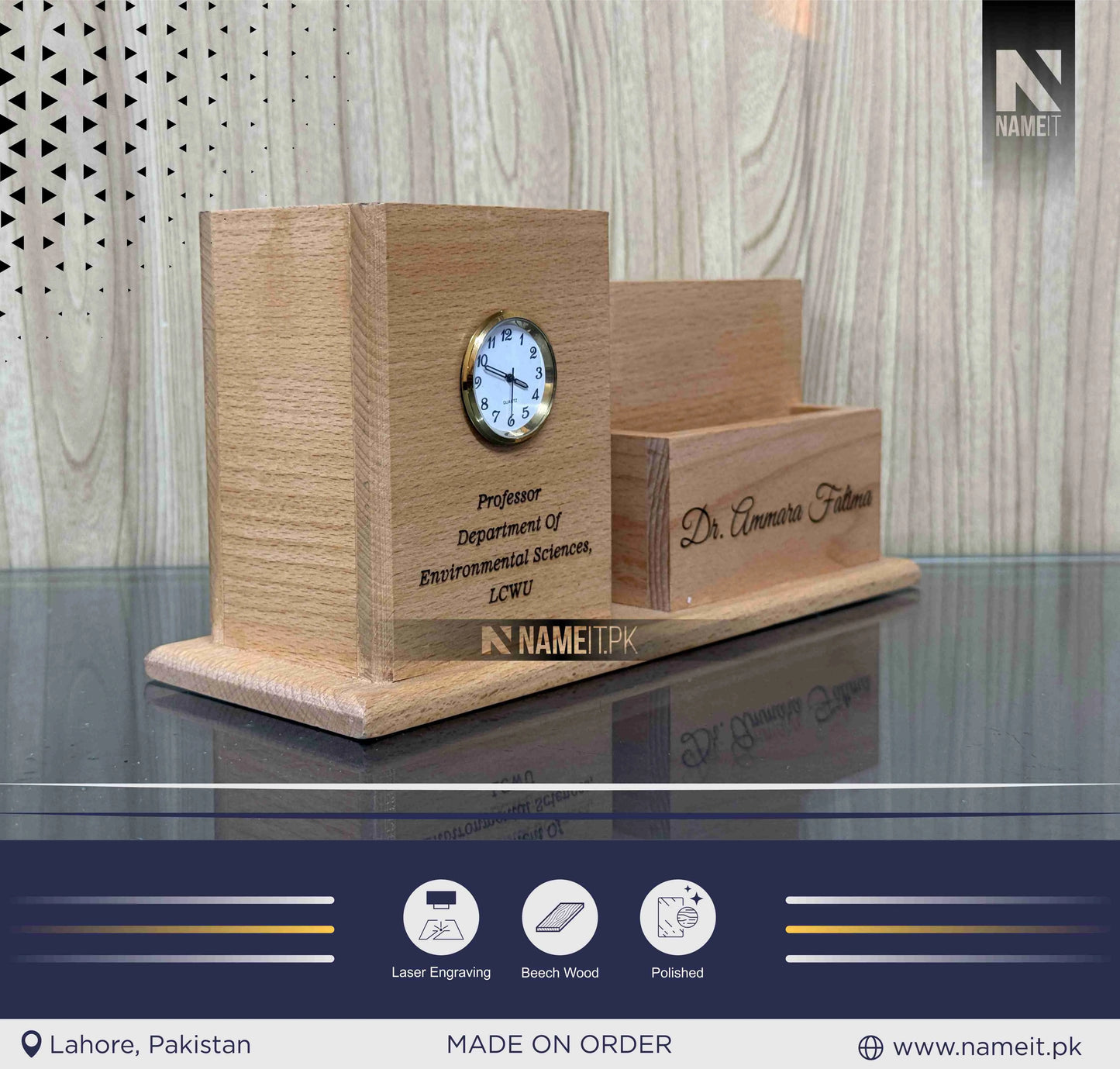 Personalized Desk Organizer With Your Name & Comapny Logo, Wooden Pen Holder Gift for School, Office, Doctor, Nurse Docking Station with Clock Desk Tidy