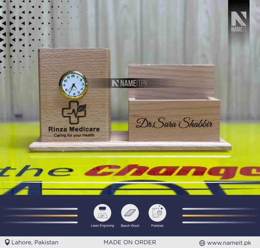 Personalized Desk Organizer With Your Name & Comapny Logo, Wooden Pen Holder Gift for School, Office, Doctor, Nurse Docking Station with Clock Desk Tidy