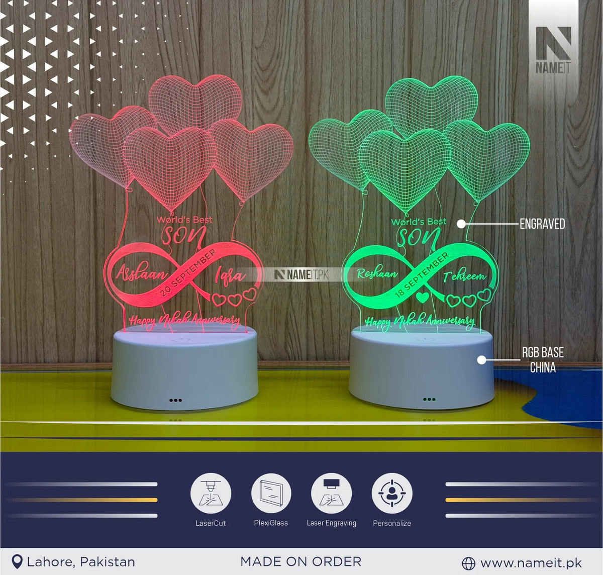 Custom Engraved 3D Illusion Heart LED Night Light Lamp - Personalized Acrylic Anniversary and Nikah Gift with Names and Date