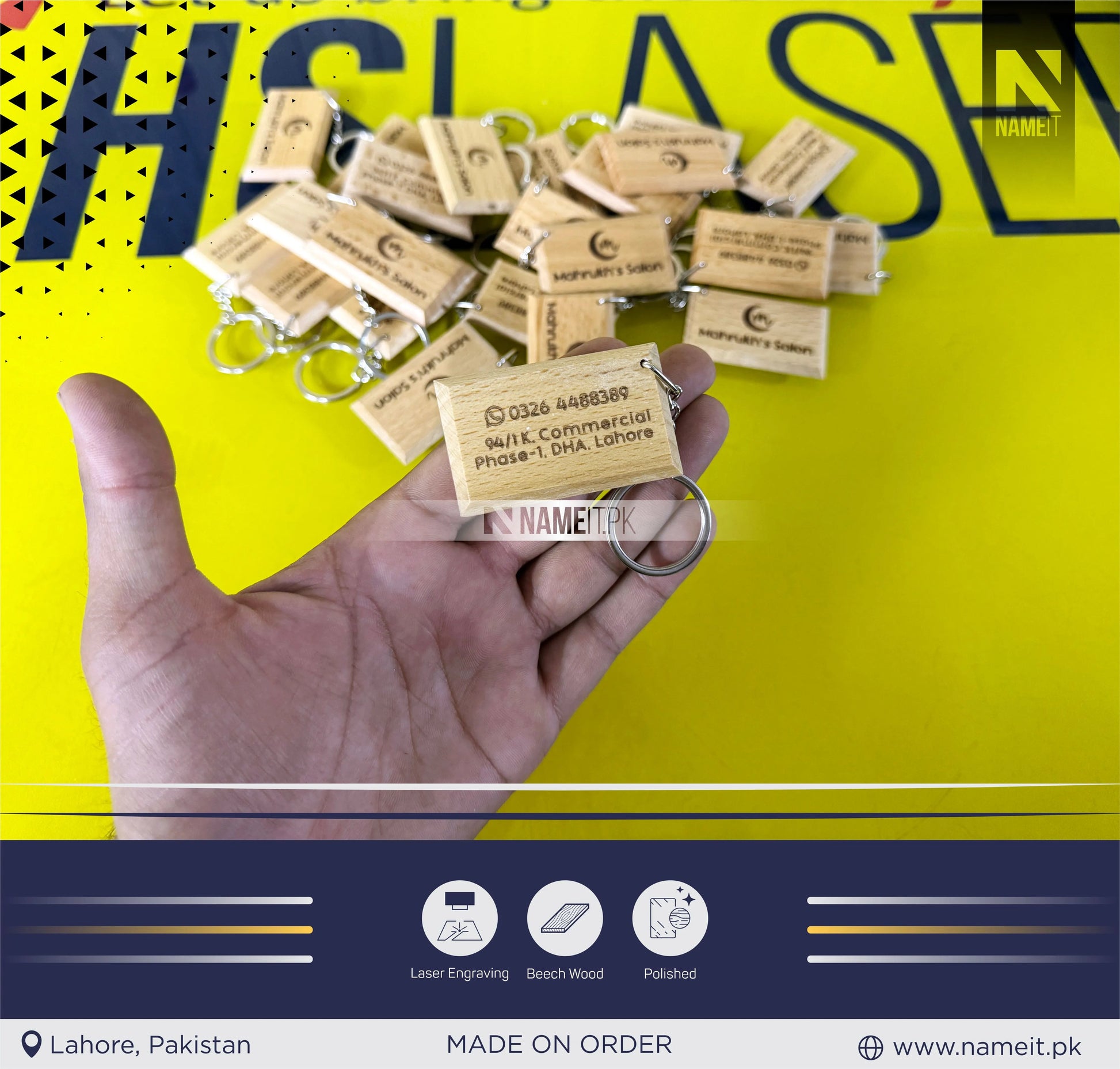 Personalised Engraved Wood Keyring, wood engraved keyring, custom engraved Keyring for Home, Holiday, Garage, Gate, Door, Post Box, Any Text NAMEIT PAKISTAN