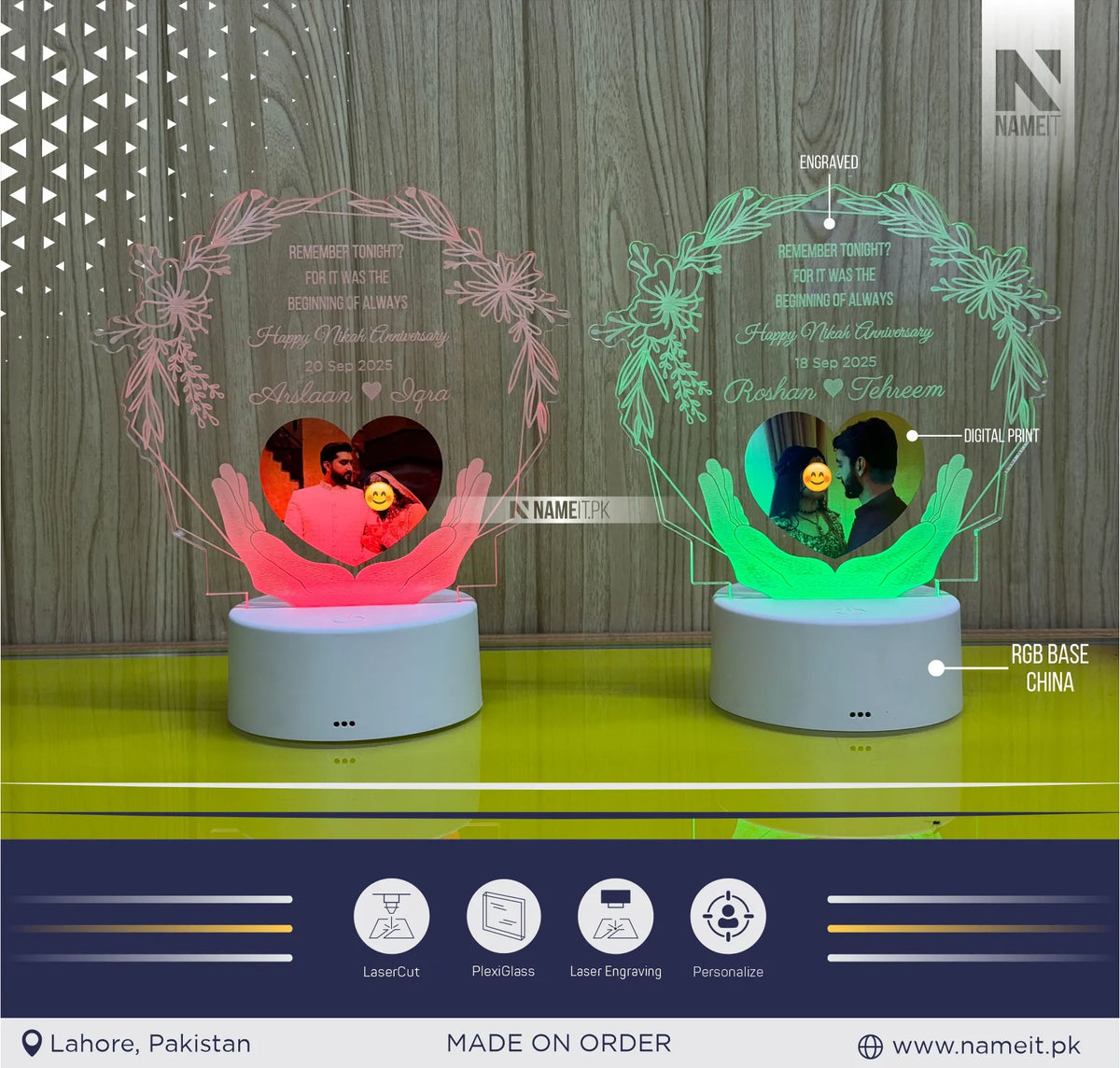 Custom Photo Printed & Laser Engraved 3D LED Acrylic Lamp - Personalized Relationship & Anniversary Optical Illusion Night Light with Color-Changing RGB Base