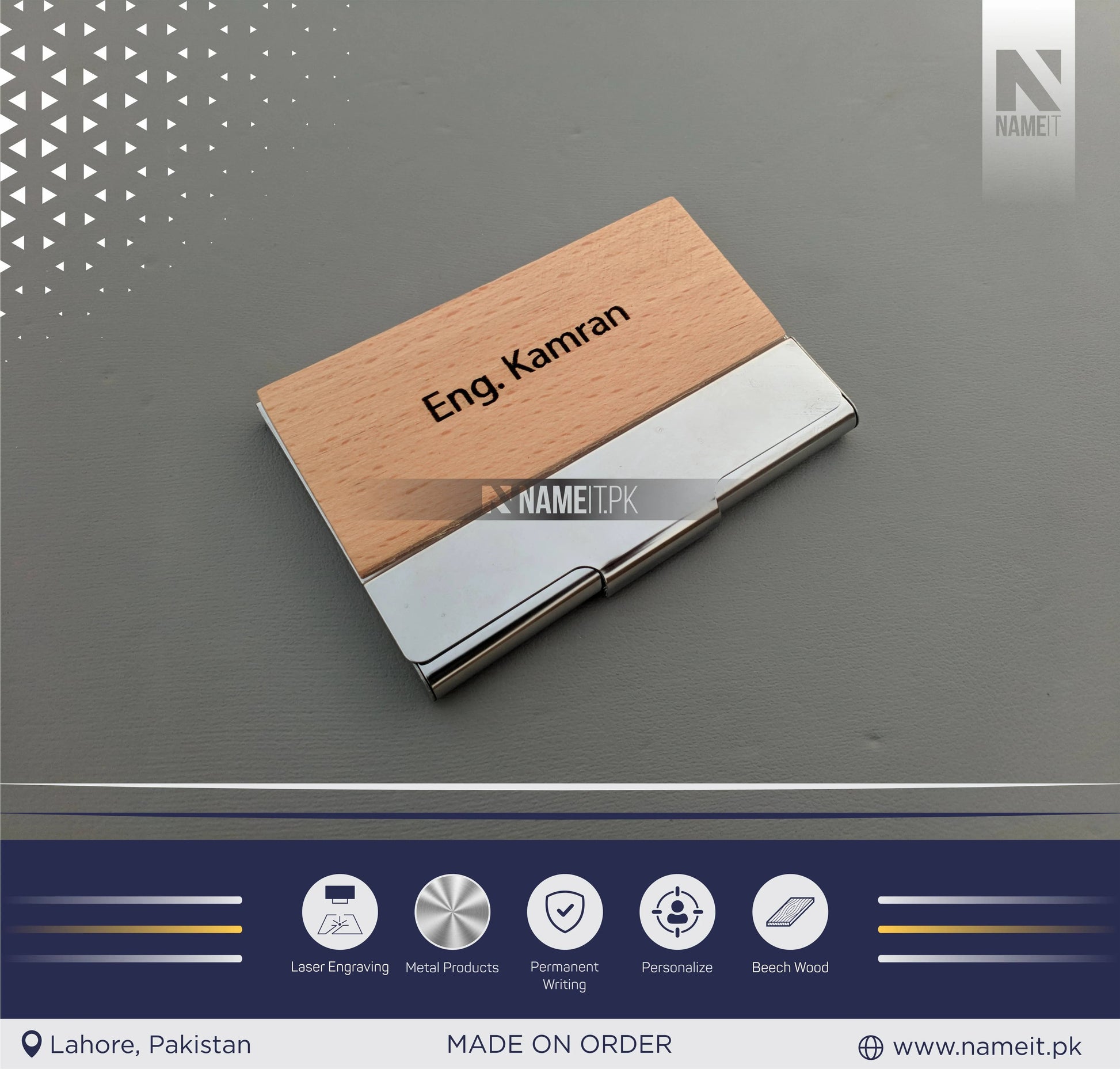 Company Personalized Business Wood & Metal Card Holder, Logo/Text Laser Engraved NAMEIT PAKISTAN