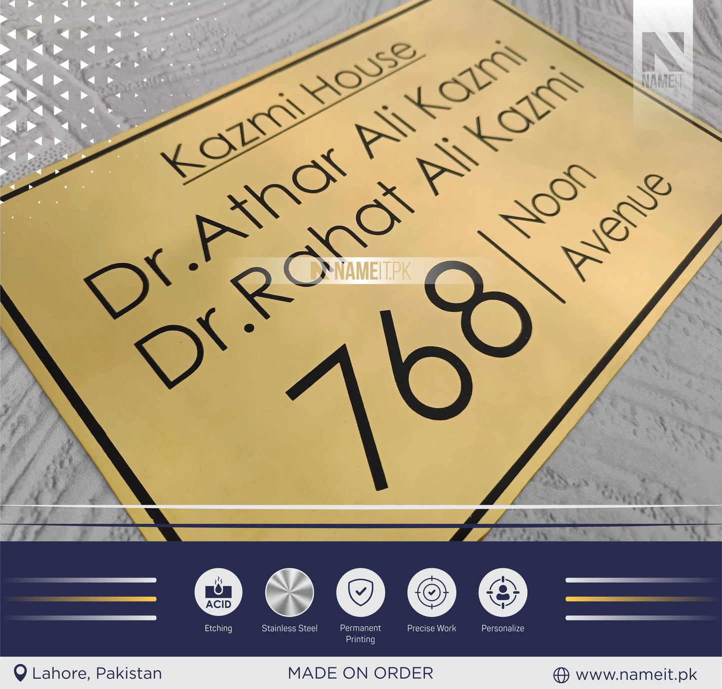 Personalized Name Plate Stainless Steel, indoor & outdoor, Office name Plate, House Name Plate NAMEIT PAKISTAN