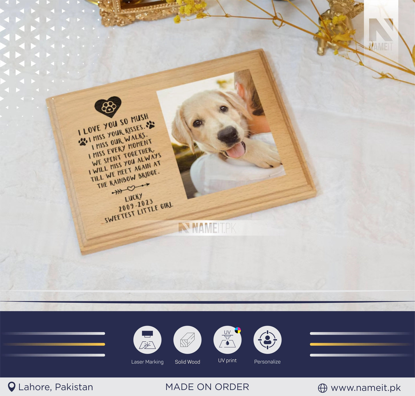 Personalized Pet Memorial Gift , Pet Loss Frame Portrait Remembrance,Photo Pet Sympathy Gift on Wood,Custom Dog Pet Photo Frame NAMEIT PAKISTAN