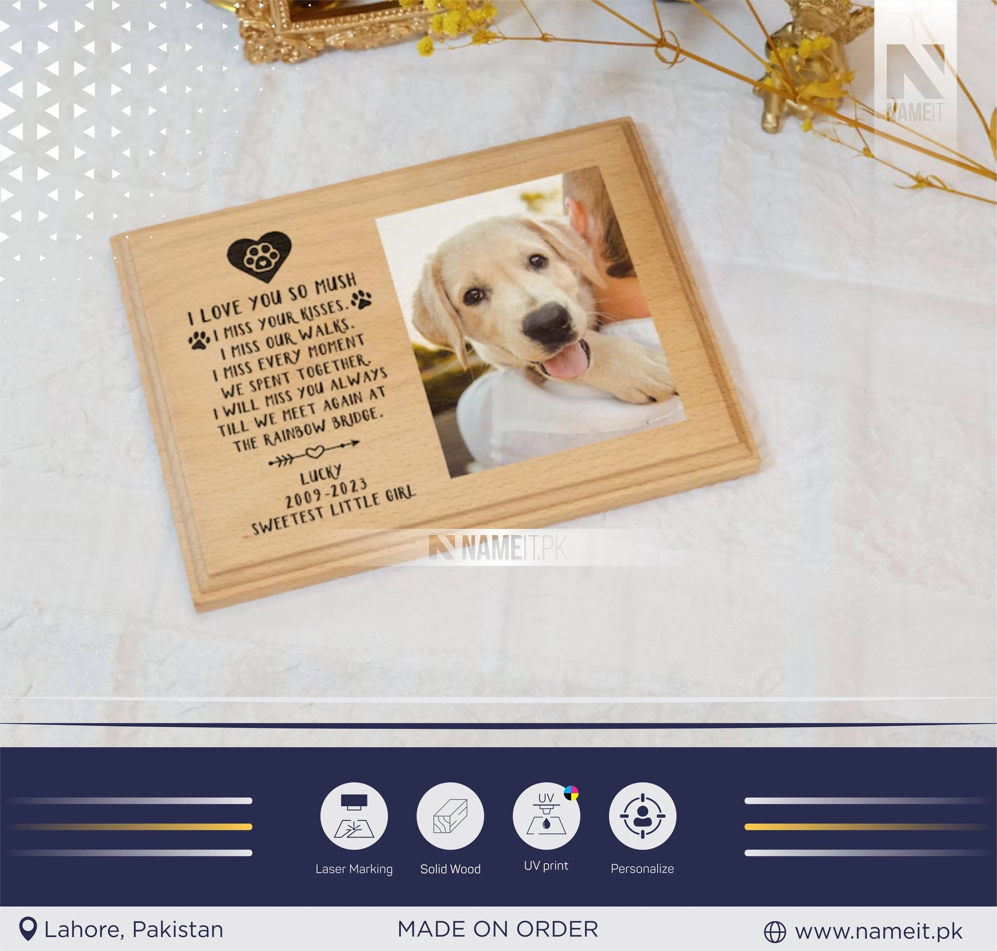 Personalized Pet Memorial Gift , Pet Loss Frame Portrait Remembrance,Photo Pet Sympathy Gift on Wood,Custom Dog Pet Photo Frame NAMEIT PAKISTAN