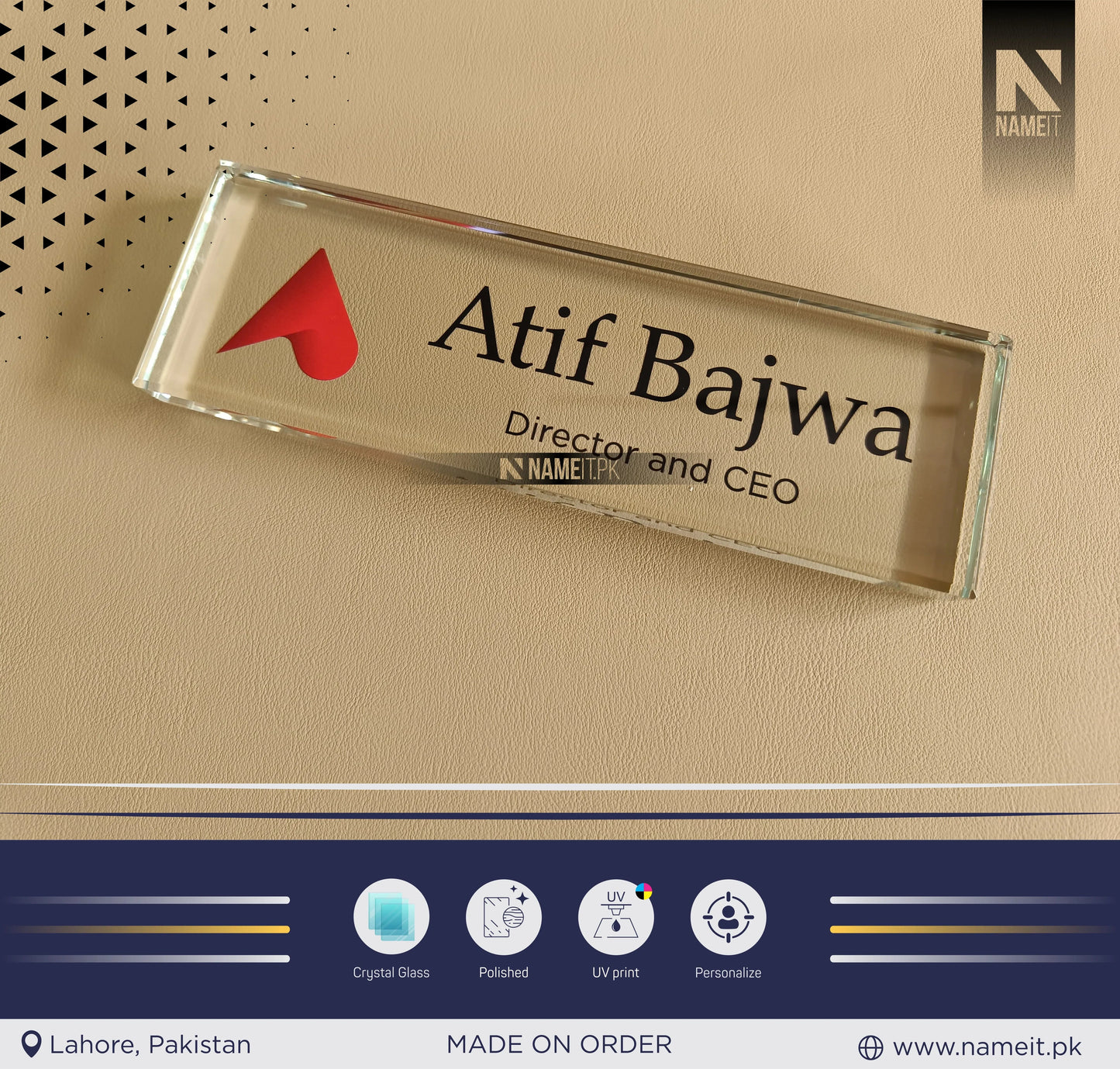 Custom Office Table Name Sign Crystal Glass, Unique Office Decor Custom Logo, Office Nameplate, Gift for Boss, Boss Lady Gift, Desk Plaque, Personalized Company Logo NAMEIT PAKISTAN