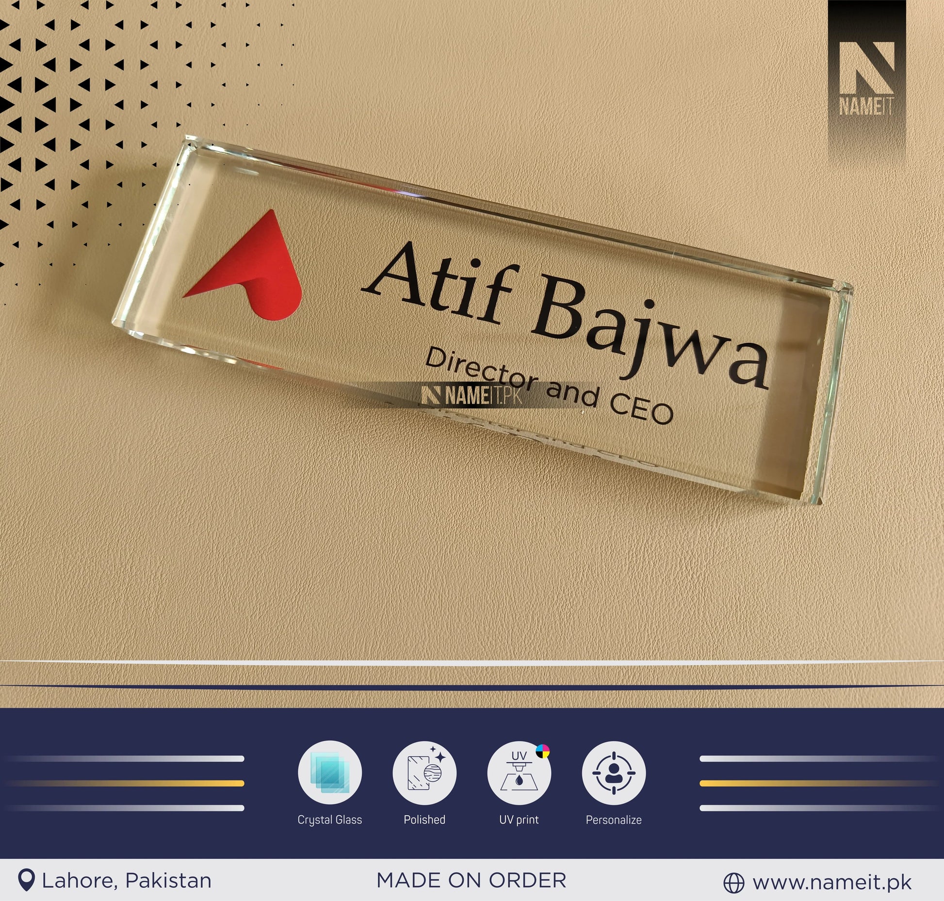 Custom Office Table Name Sign Crystal Glass, Unique Office Decor Custom Logo, Office Nameplate, Gift for Boss, Boss Lady Gift, Desk Plaque, Personalized Company Logo NAMEIT PAKISTAN