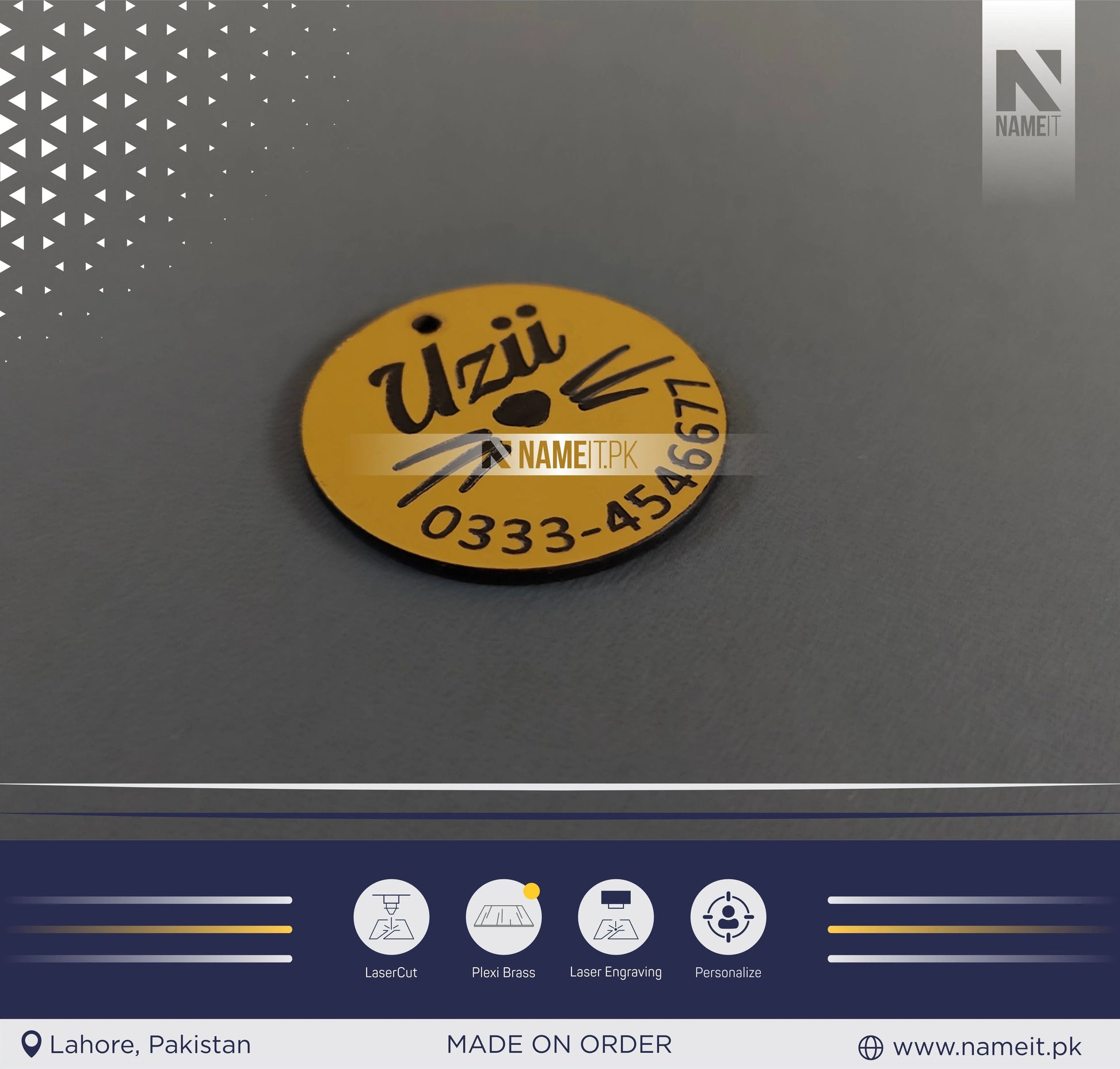 Pets Tag Personalized, Round Shape Tag, Pet Tags for Collars, Engraved Tag, Name Tag, Customized Pet Tag, Kitty Tag, Golden Acrylic Material NAMEIT PAKISTAN