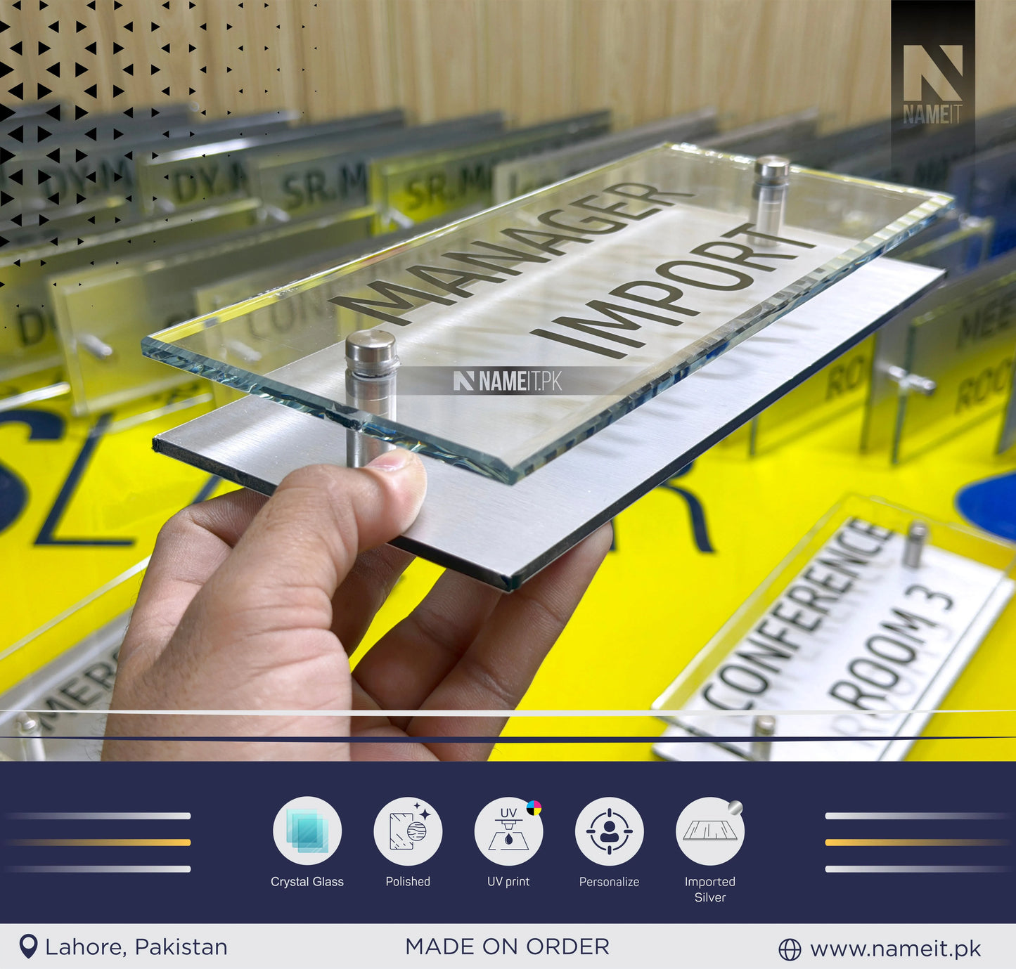 Name Plate, Office Signage, Office Name Plate, House Name plaque, Crystal Glass & Alucobond Sheet, indoor & outdoor, Office & House Name Plate