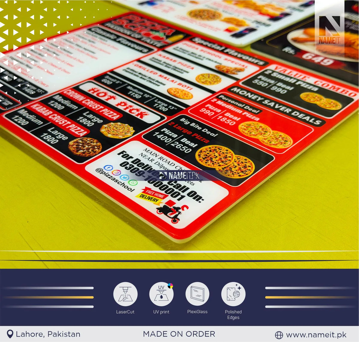 Resturant Menu, Ultra-Clear Acrylic Pizza & Fast Food Table Menu Board – High-Gloss Waterproof Plexiglass Display with HD Inside-Print Technology
