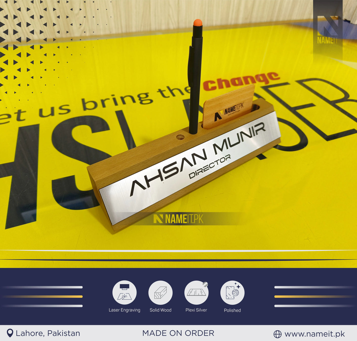 Personalized Office Desk Name Sign, Wooden Desk Name Plate, Anniversary Gift Desk Plaque, Laser Engraved Office Name Wedge, Desk Decorations, With Card,Pen Holder