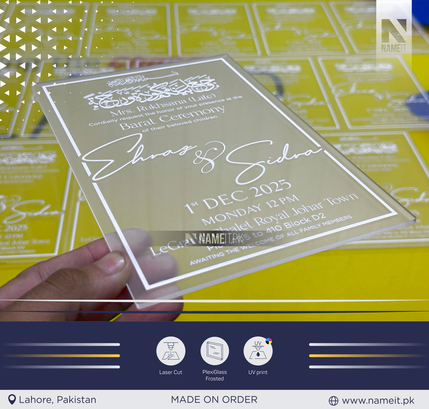 Card, Marriage Invitation Card, Custom Frosted Acrylic invitations cards, UV printing, laser cutting, custom design, wedding invites, party planning, wedding planning, decoration