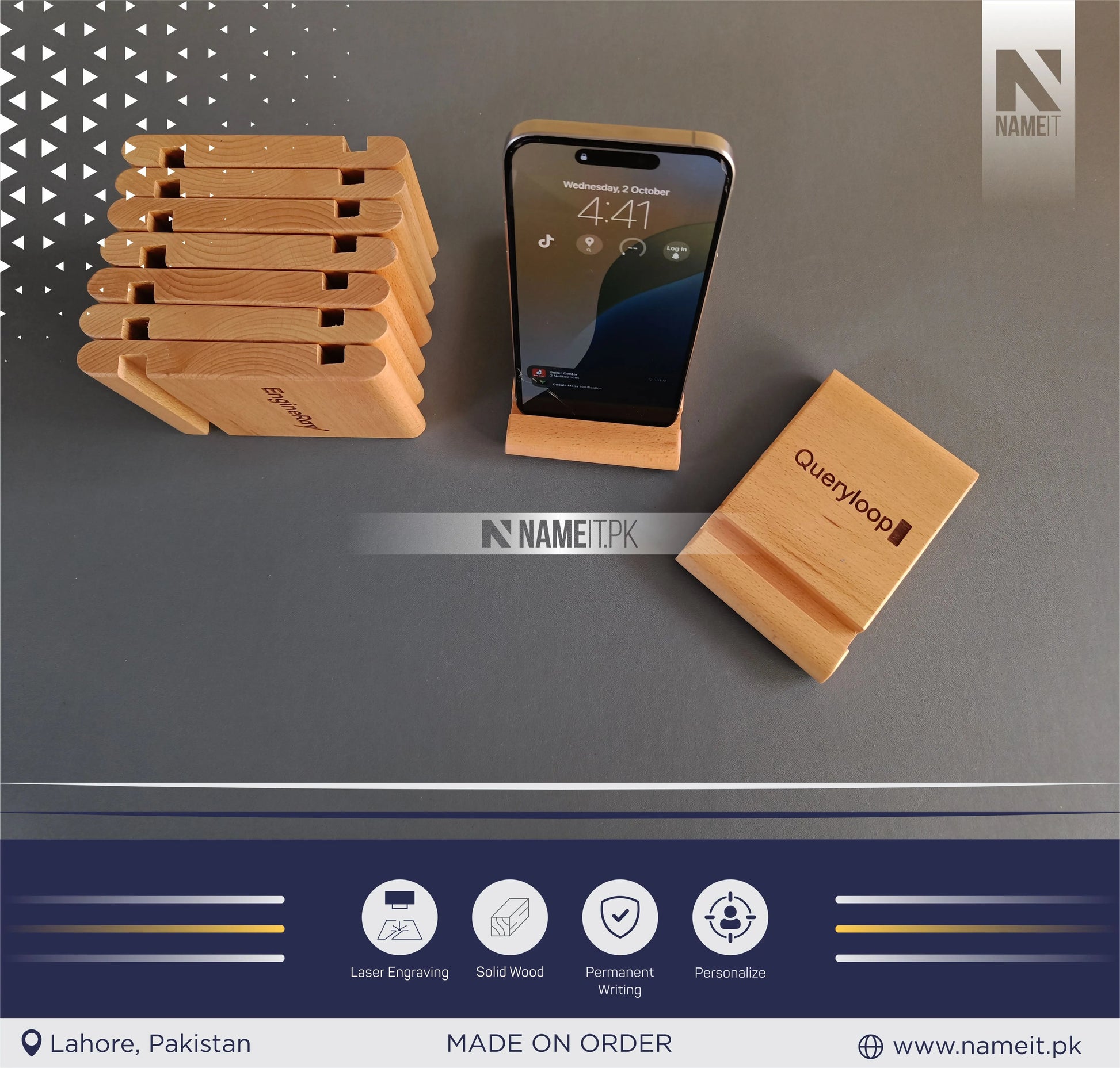 Wood Phone Stand, Wood iPad Stand, Guest Card Holder, Picture Holder, Name Tag Holders, Personalized Phone Stand, Custom Birthday Gift NAMEIT PAKISTAN
