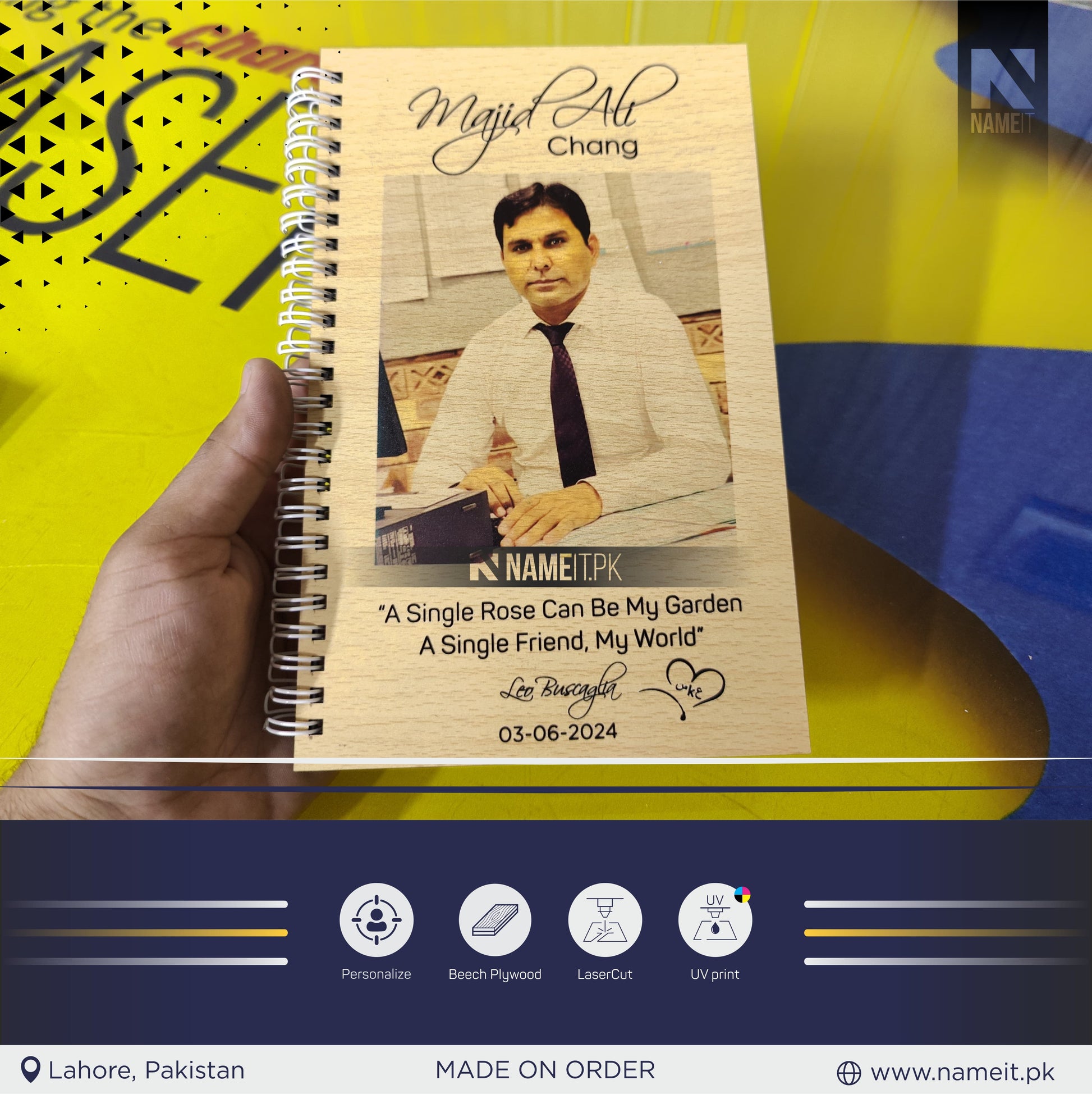 Diary, Wooden Diary, Engraved Wooden Diary with UV Printed Picture, High Premium Quality NAMEIT PAKISTAN