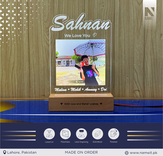 Custom Photo Printed Acrylic LED Night Light Lamp - Personalized Acrylic Frame with Engraved Wooden Light Base for Birthday, Anniversary & Family Gifts