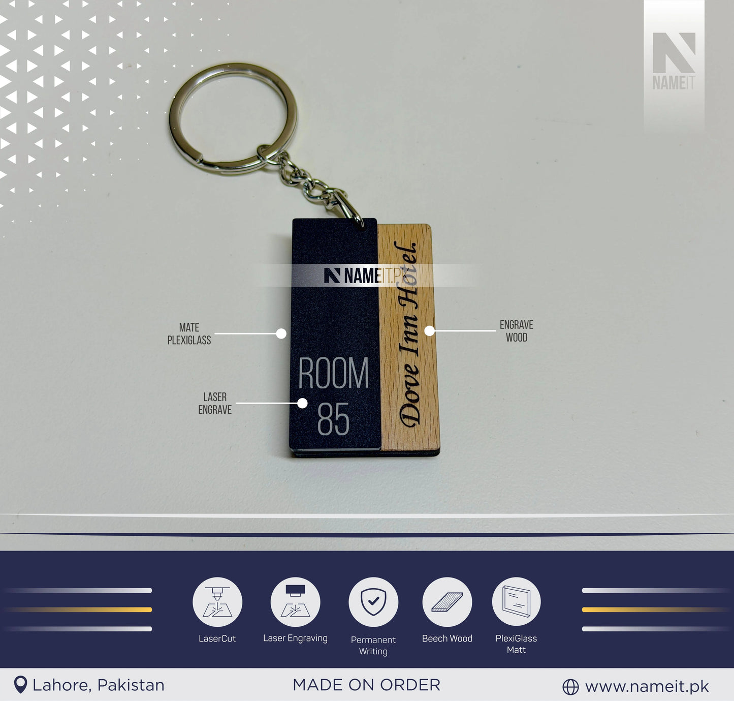 KeyChain, Elegant hotel room keychain made with matte acrylic and engraved wood, Luxury Hotel Room Number Keychain