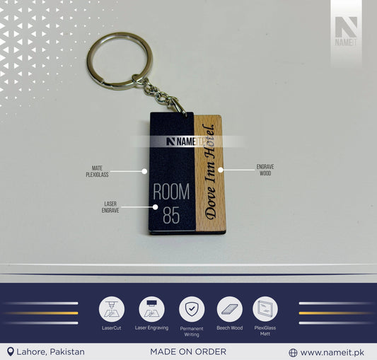 KeyChain, Elegant hotel room keychain made with matte acrylic and engraved wood, Luxury Hotel Room Number Keychain