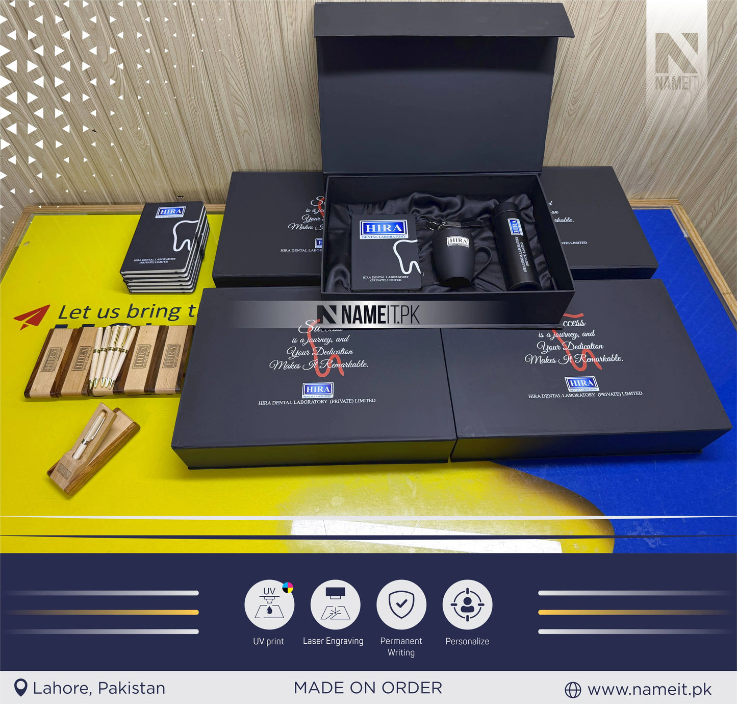 Giveaway Box, Custom Business Logo Gift Set – Personalized Corporate Journal, Coffee Mug & Keyring, Water Bottle in Premium Gift Box | Wooden Pen Set, Employee Client Company Gifts