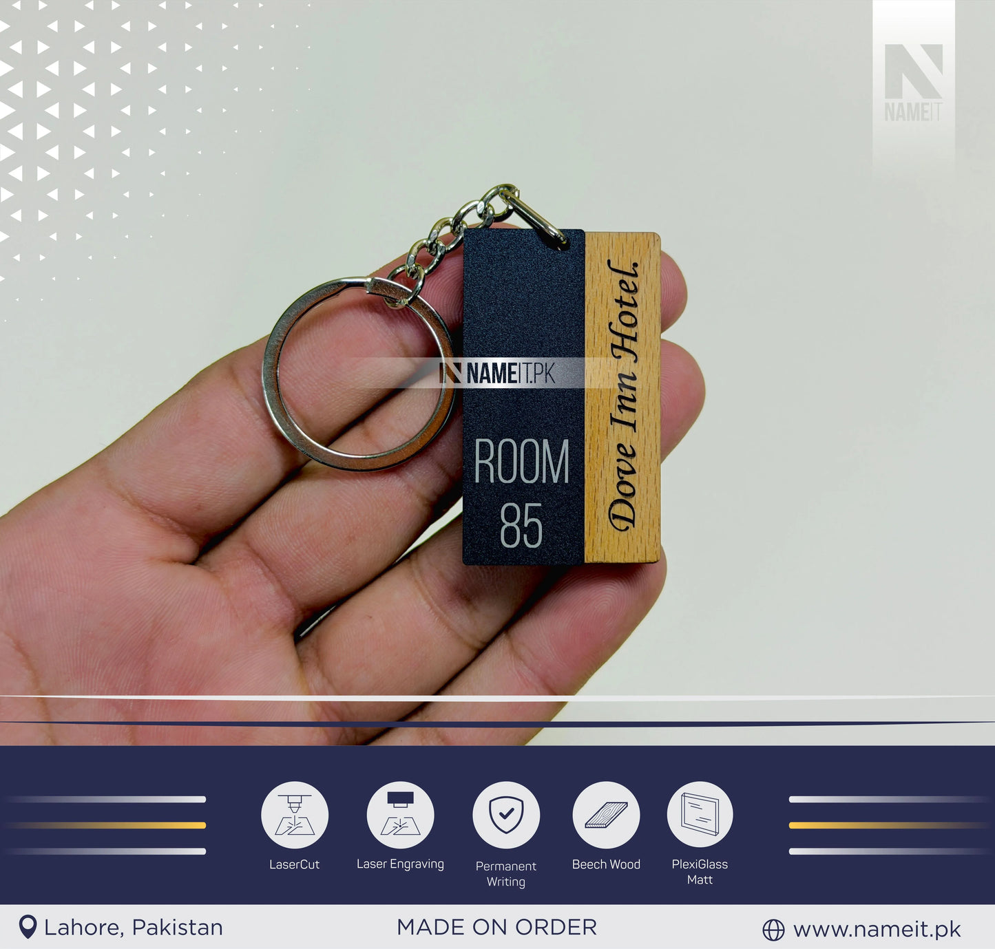 KeyChain, Elegant hotel room keychain made with matte acrylic and engraved wood, Luxury Hotel Room Number Keychain