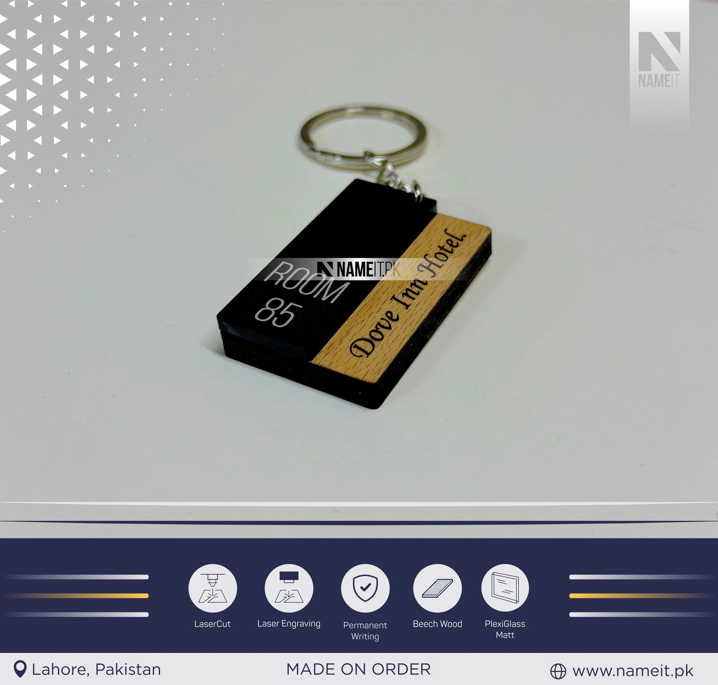 KeyChain, Elegant hotel room keychain made with matte acrylic and engraved wood, Luxury Hotel Room Number Keychain