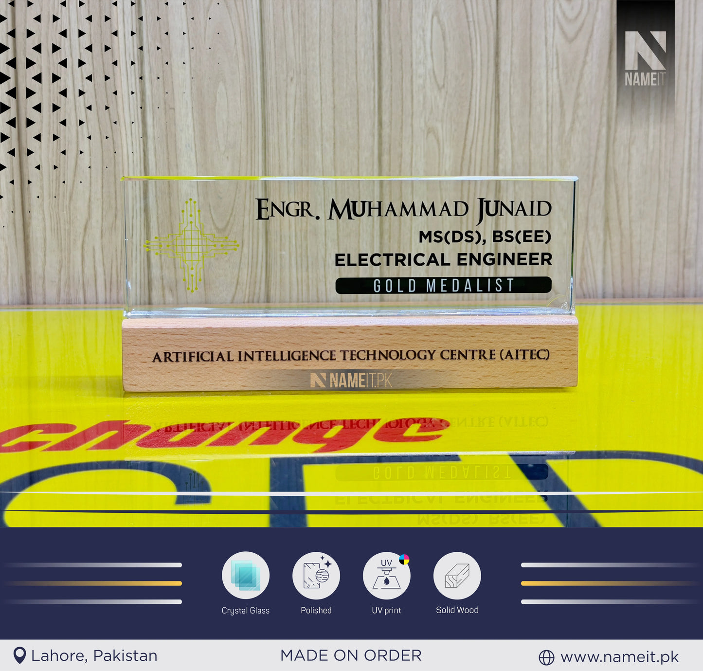 Premium Customized Glass Desk Name Plate with Wooden Base – Personalized Office Name Sign with UV Digital Printing for Lawyers, Doctors & Corporate Professionals