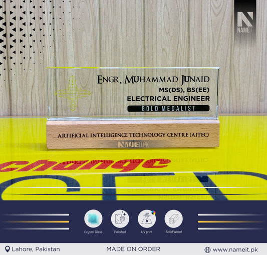 Customized Glass Desk Name Plate with Wooden Base – Personalized Office Name Sign with UV Digital Printing for Lawyers, Doctors & Corporate Professionals