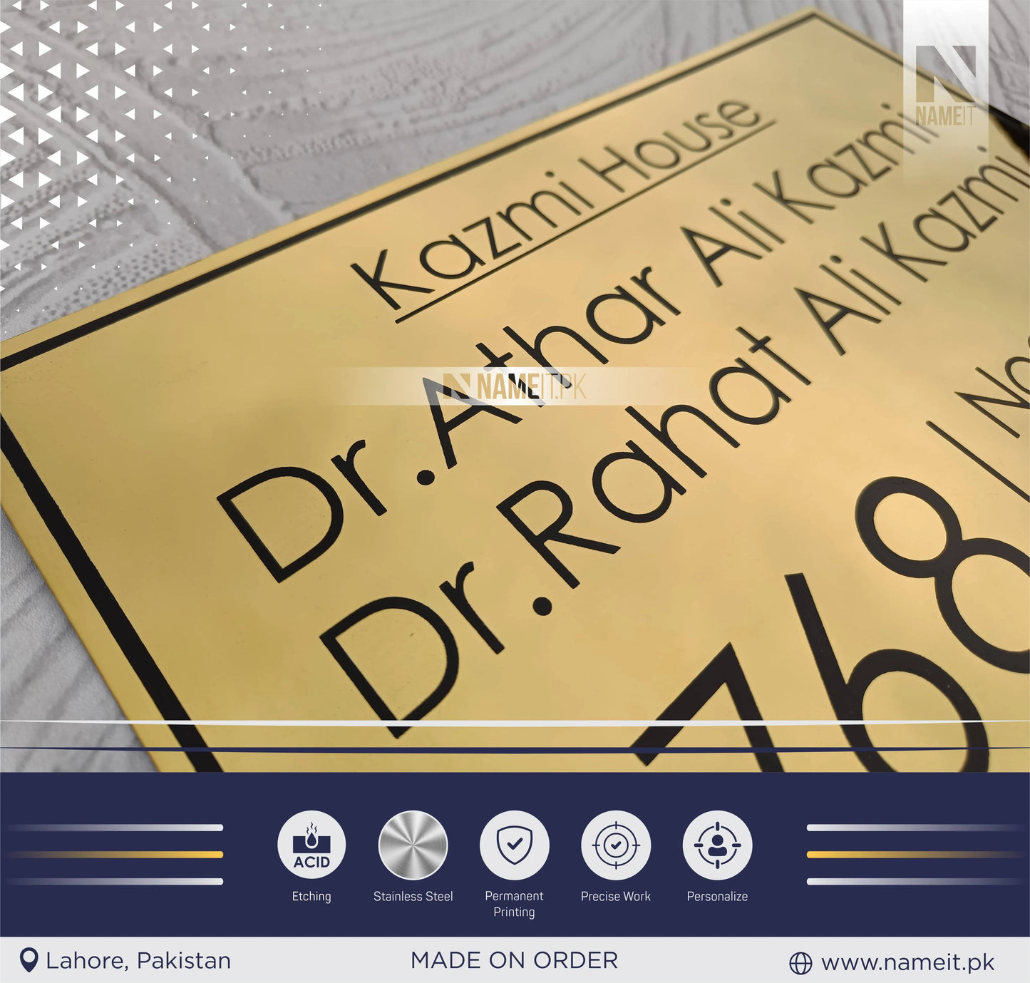 Personalized Name Plate Stainless Steel, indoor & outdoor, Office name Plate, House Name Plate NAMEIT PAKISTAN