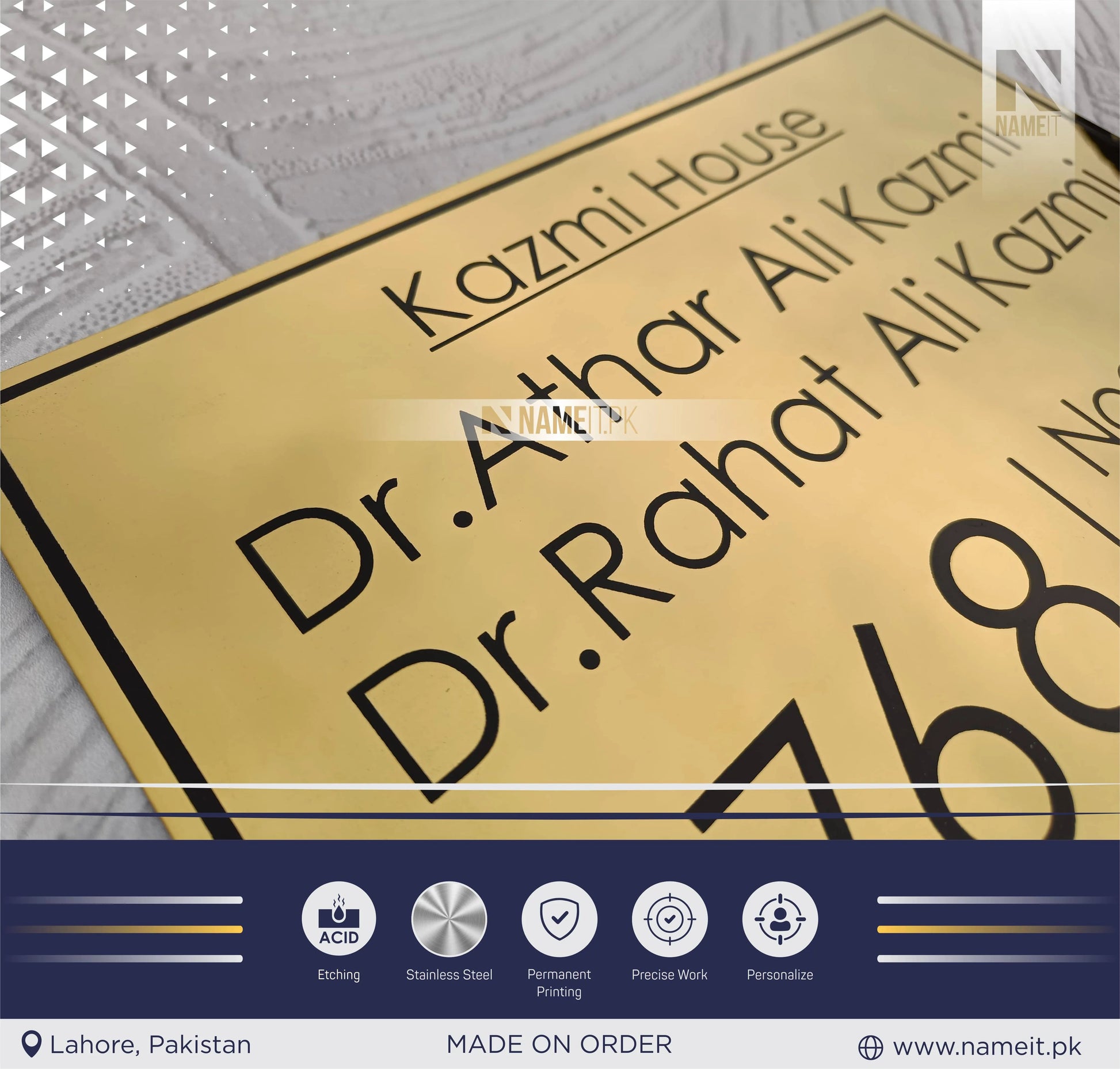 Personalized Name Plate Stainless Steel, indoor & outdoor, Office name Plate, House Name Plate NAMEIT PAKISTAN