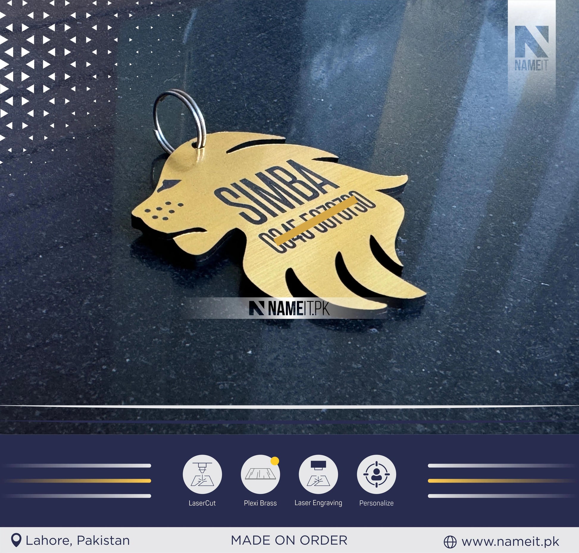 Pets Tag Personalized, Lion Shape Tag, Pet Tags for Collars, Engraved Tag, Name Tag, Customized Pet Tag, Kitty Tag, Golden Acrylic Material NAMEIT PAKISTAN