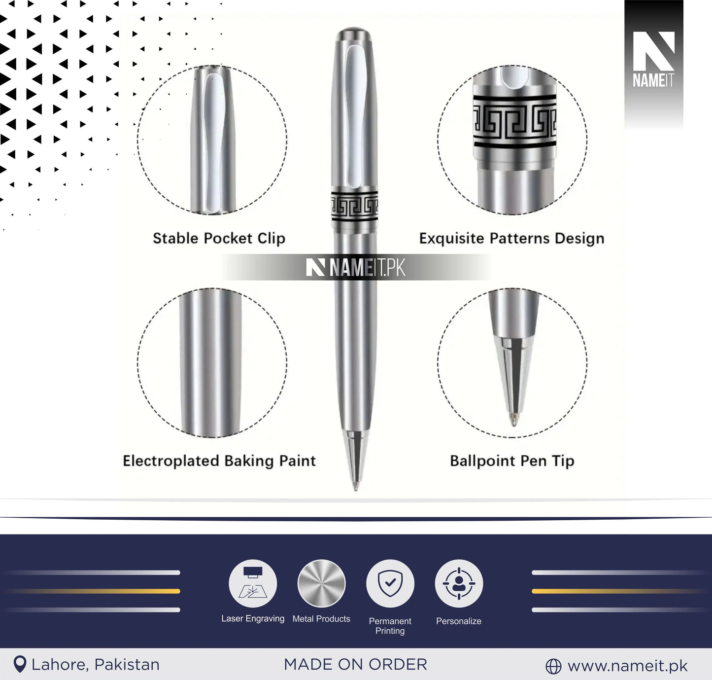 Custom High-Quality Metal Gel Pen, 0.7mm Blue Ink, Ball Point, Business Signature, Calligraphy Practice, Pocket Clip, Electroplated Baking Paint NAMEIT PAKISTAN