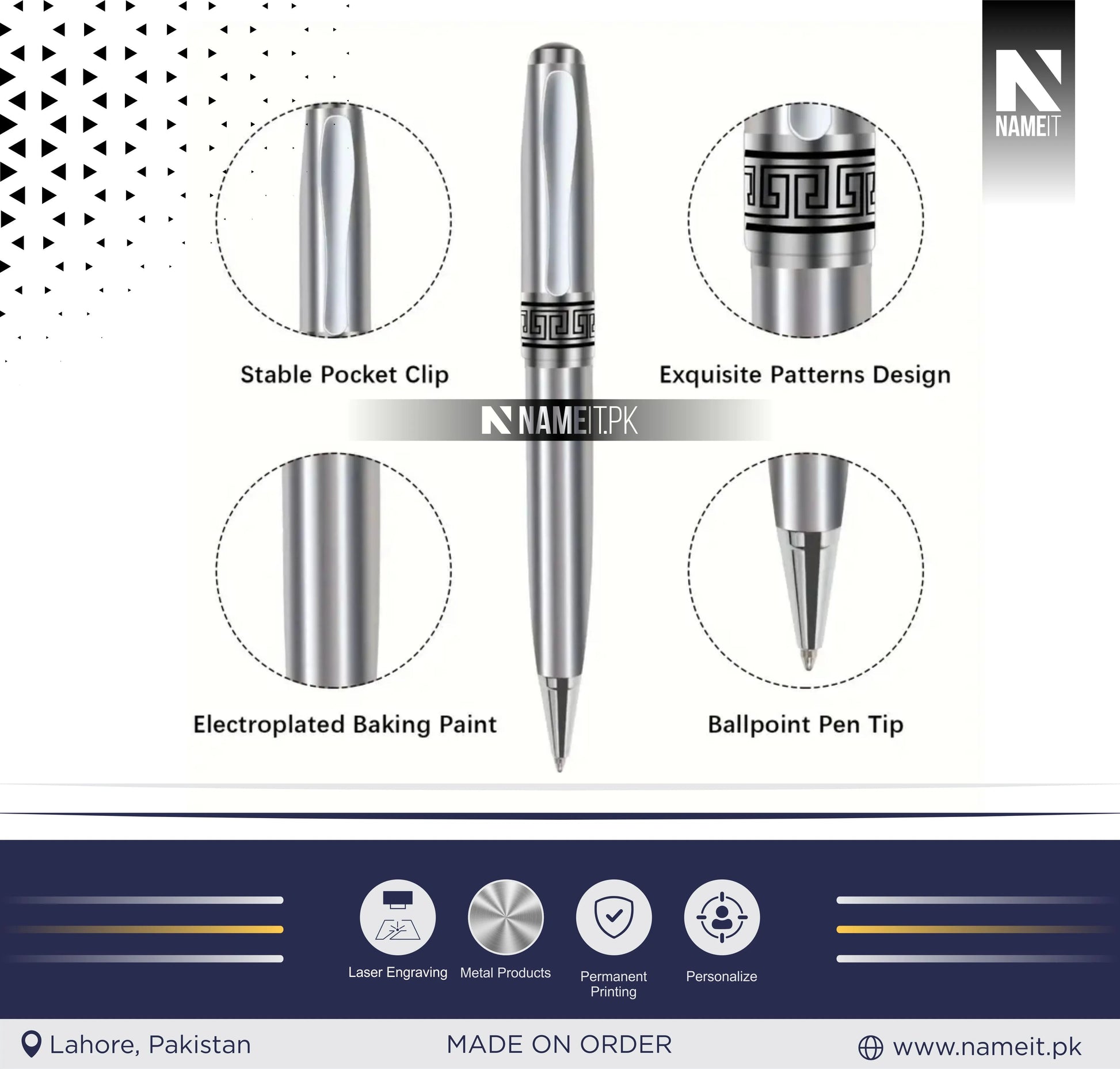 Custom High-Quality Metal Gel Pen, 0.7mm Blue Ink, Ball Point, Business Signature, Calligraphy Practice, Pocket Clip, Electroplated Baking Paint NAMEIT PAKISTAN