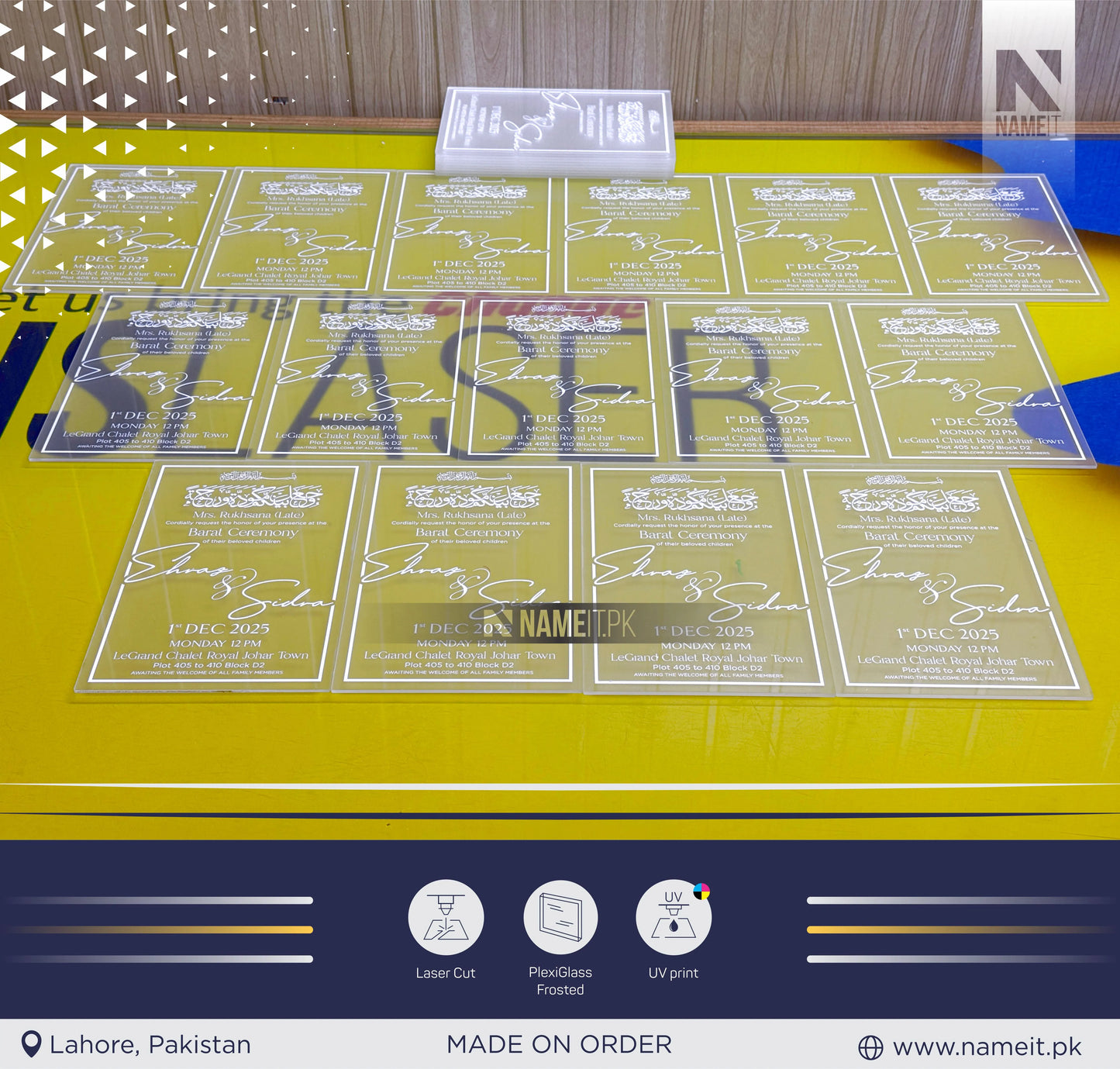 Card, Marriage Invitation Card, Custom Frosted Acrylic invitations cards, UV printing, laser cutting, custom design, wedding invites, party planning, wedding planning, decoration