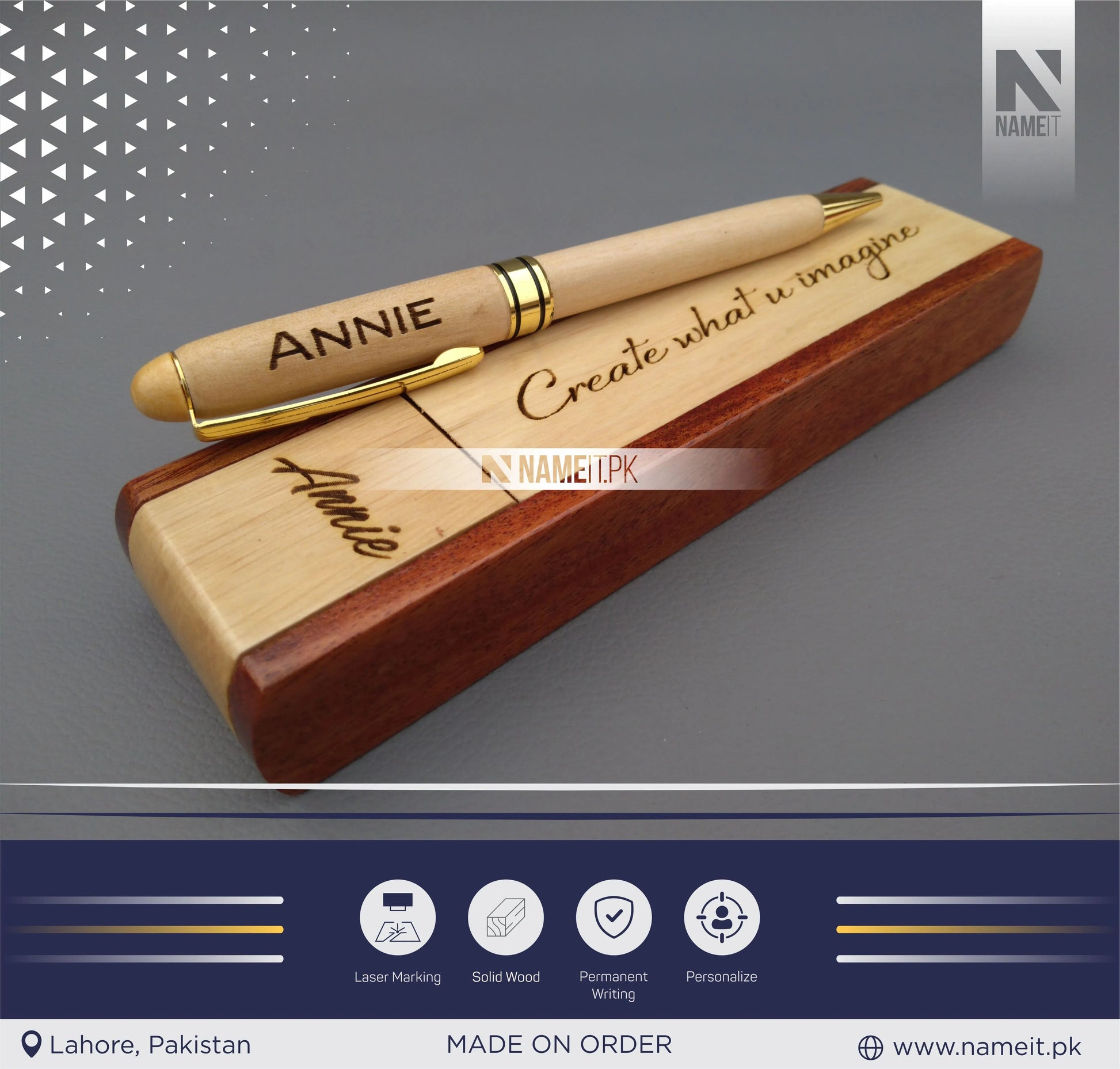 Wooden Pen and Pen Holder, Custom Engraved Name Wooden Holder Box Set NAMEIT PAKISTAN