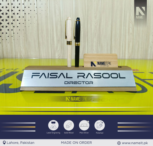 Personalized Office Desk Name Sign, Wooden Desk Name Plate, Anniversary Gift Desk Plaque, Laser Engraved Office Name Wedge, Desk Decorations, With Card,Pen Holder