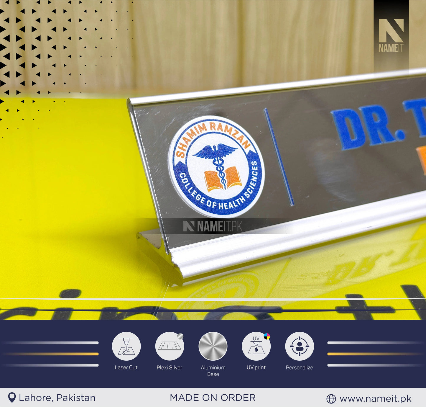 Table Name Plate, Changeable Text Plate, Desk Plaque with Uv Printed Name and Job Title, Silver Stand Modern Stylish Desk Accessories