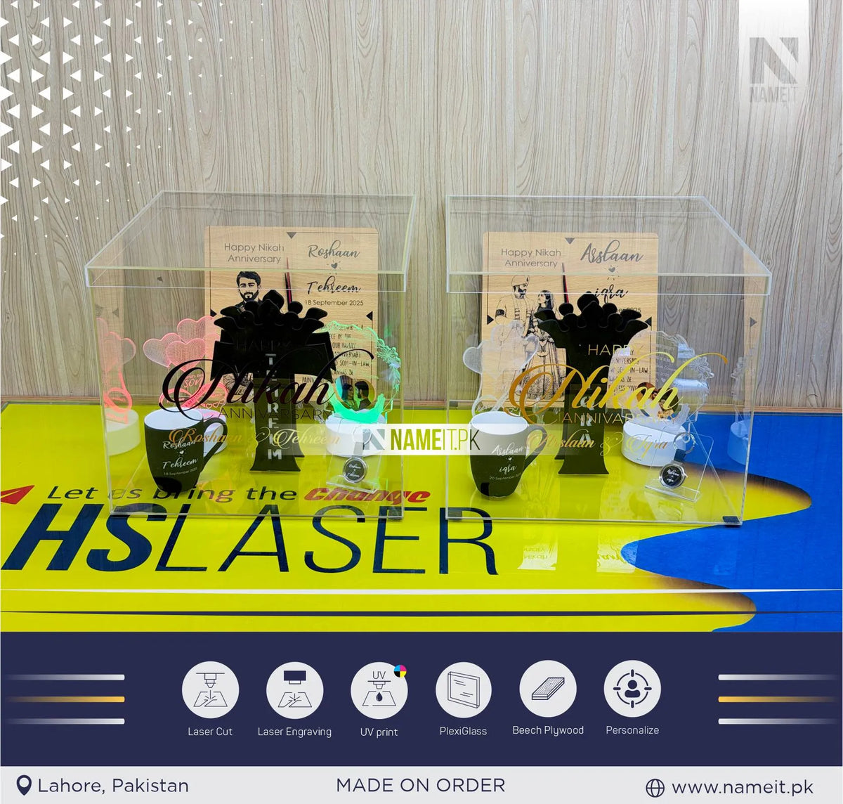 Personalized Acrylic Wedding Anniversary Gift Box Set with LED Night Light, Custom Velvet Mug, Wooden Clock Frame, and Keychain – Luxury Multi-Item Nikah &amp; Marriage Milestone Celebration Box