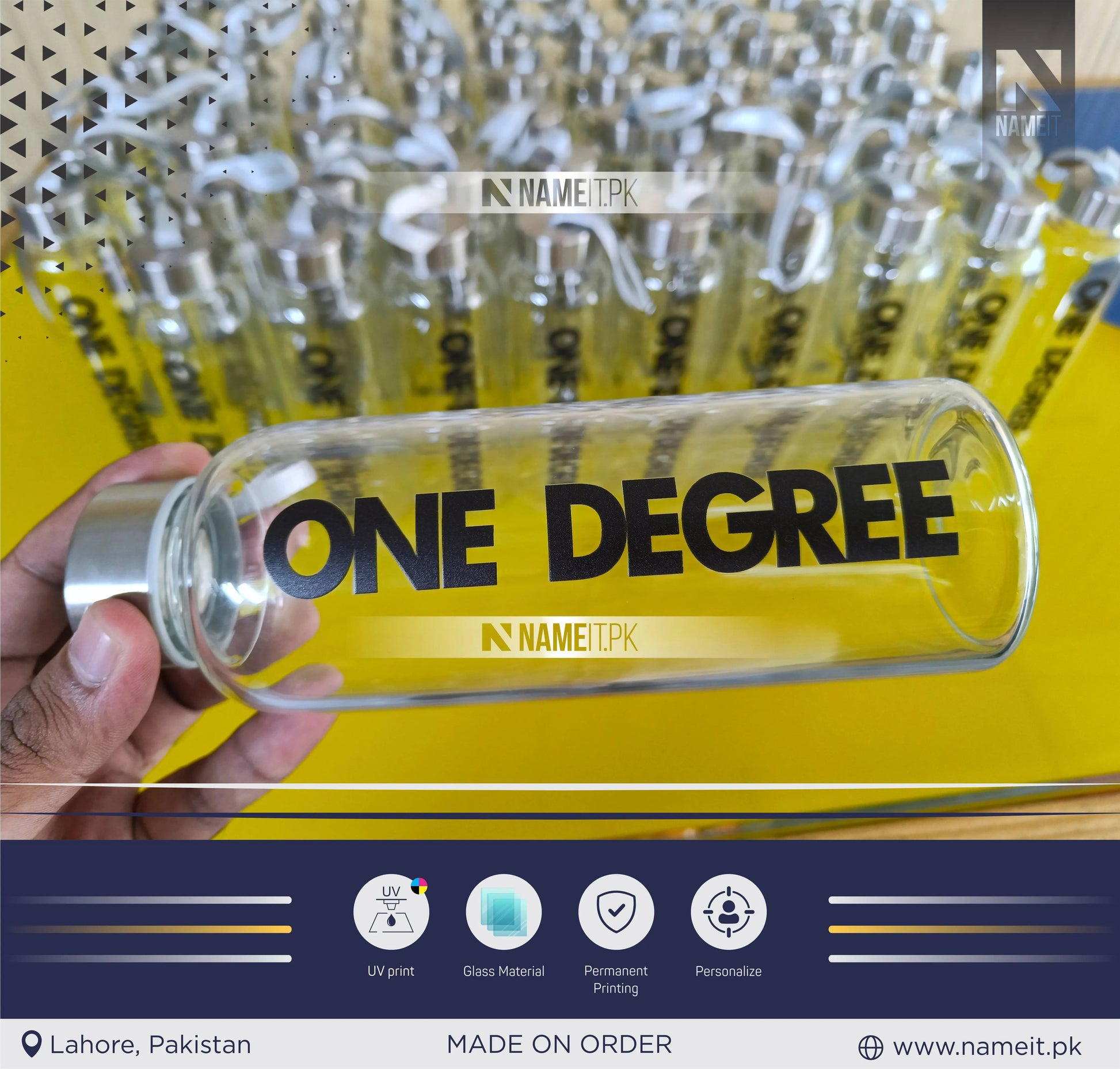 Personalized Crystal Glass Water Bottle with Sleeve Available | Custom Glass Water Bottle | Customizable to Any Design Available NAMEIT PAKISTAN