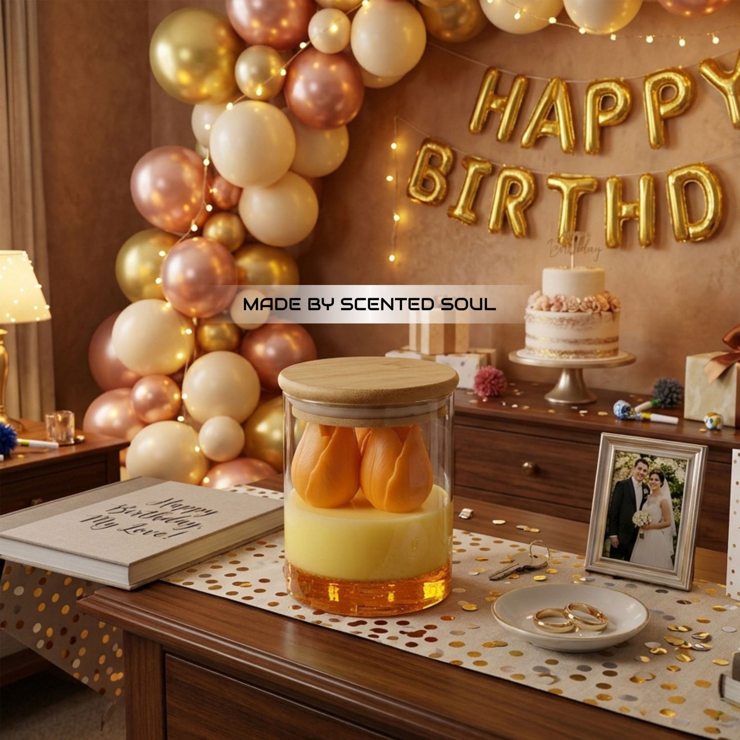 Luxury Tulip Candle in Glass Jar with Wooden Lid – Handmade Aromatherapy Soy Wax Candle – Aesthetic Home Decor Gift – Romantic Floral Scented Candle for Bedroom, Wedding & Spa Decor