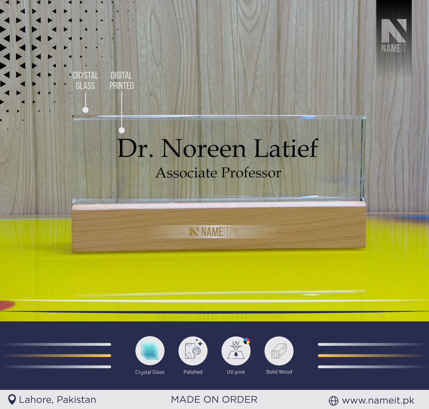 Customized Glass Desk Name Plate with Wooden Base – Personalized Office Name Sign with UV Digital Printing for Lawyers, Doctors & Corporate Professionals