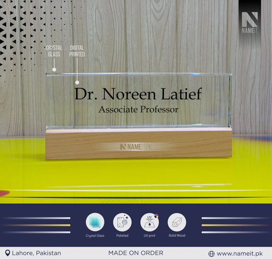 Table Name Plate, Glass Desk Name Plate with Wooden Base – Personalized Office Name Sign with UV Digital Printing for Lawyers, Doctors & Corporate Professionals