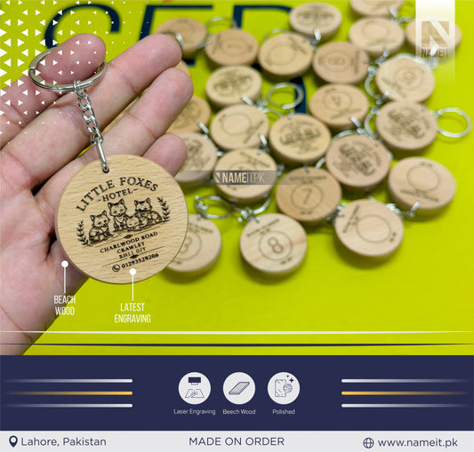 Personalized Wooden Hotel Keychain Custom Laser Engraved Beech Wood Room Key Tag with Logo, Room Number &amp; Business Name | Wooden Key Ring for Hotels, Airbnb, Resorts, Guest Houses, Cafes & Promotional Branding