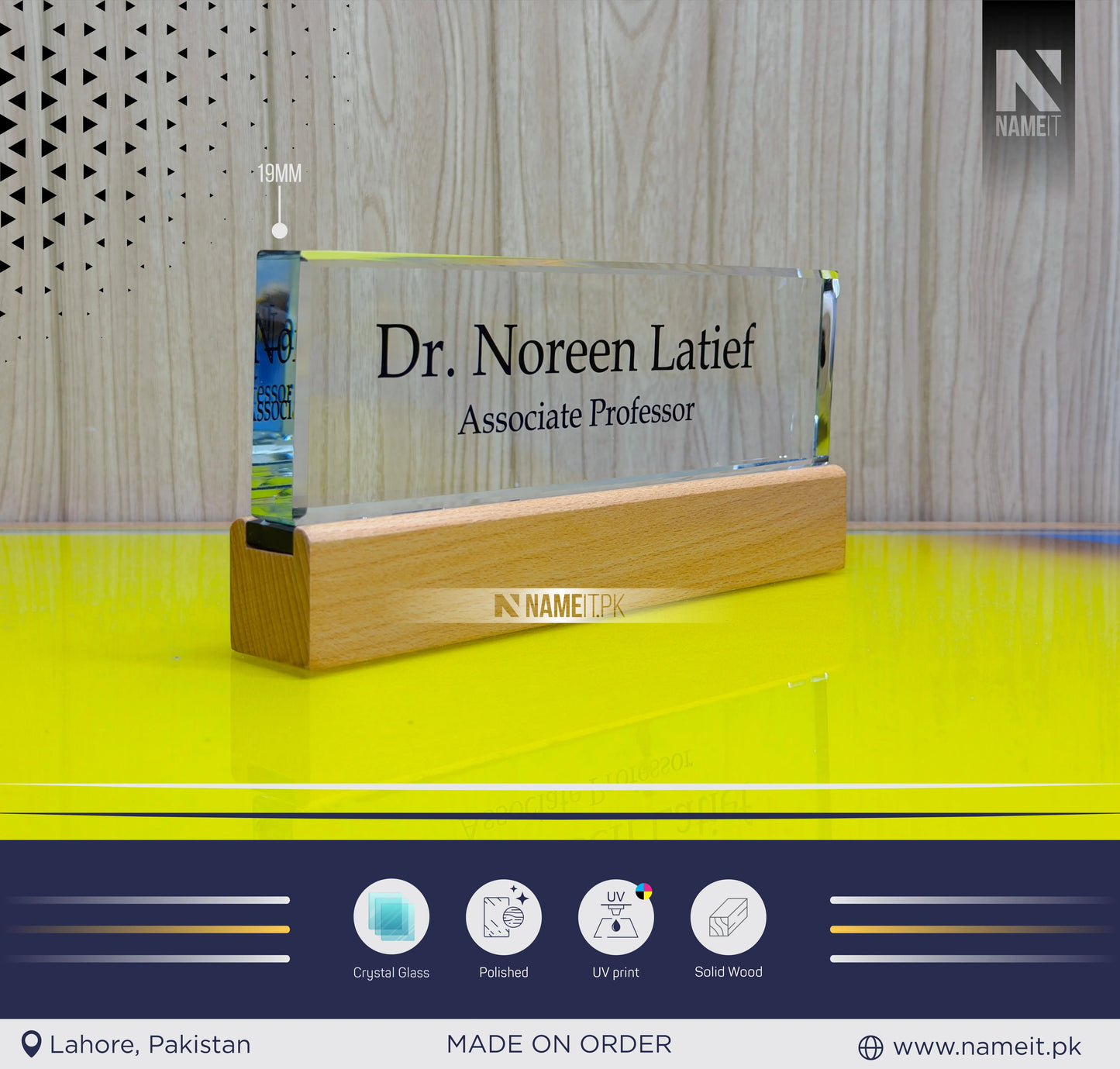 Customized Glass Desk Name Plate with Wooden Base – Personalized Office Name Sign with UV Digital Printing for Lawyers, Doctors & Corporate Professionals