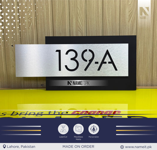 Name Plate, House Wall Plaque | Precision Laser Cut Acrylic House Number Sign | Matt Black & Silver Alucobond