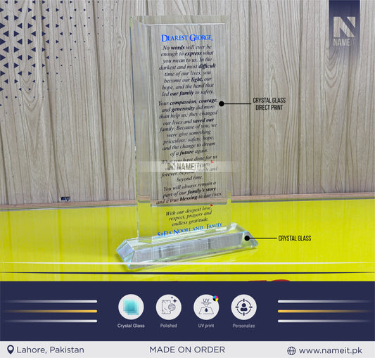 Shield, Crystal Glass, Corporate Personalized Crystal Award for Retirement Appreciation ,Gift Plaque, Graduation Plaque, Crystal Award, Printed Trophy,Award, Company Gifts